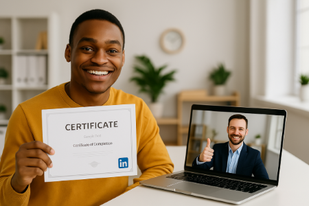 Should you pay for online courses - Student holding certificate after completing paid online course with instructor on laptop screen